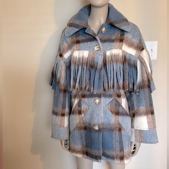 ASOS WHITE wool plaid coat with fringe, size 4 NWOT - Picture 5 of 14